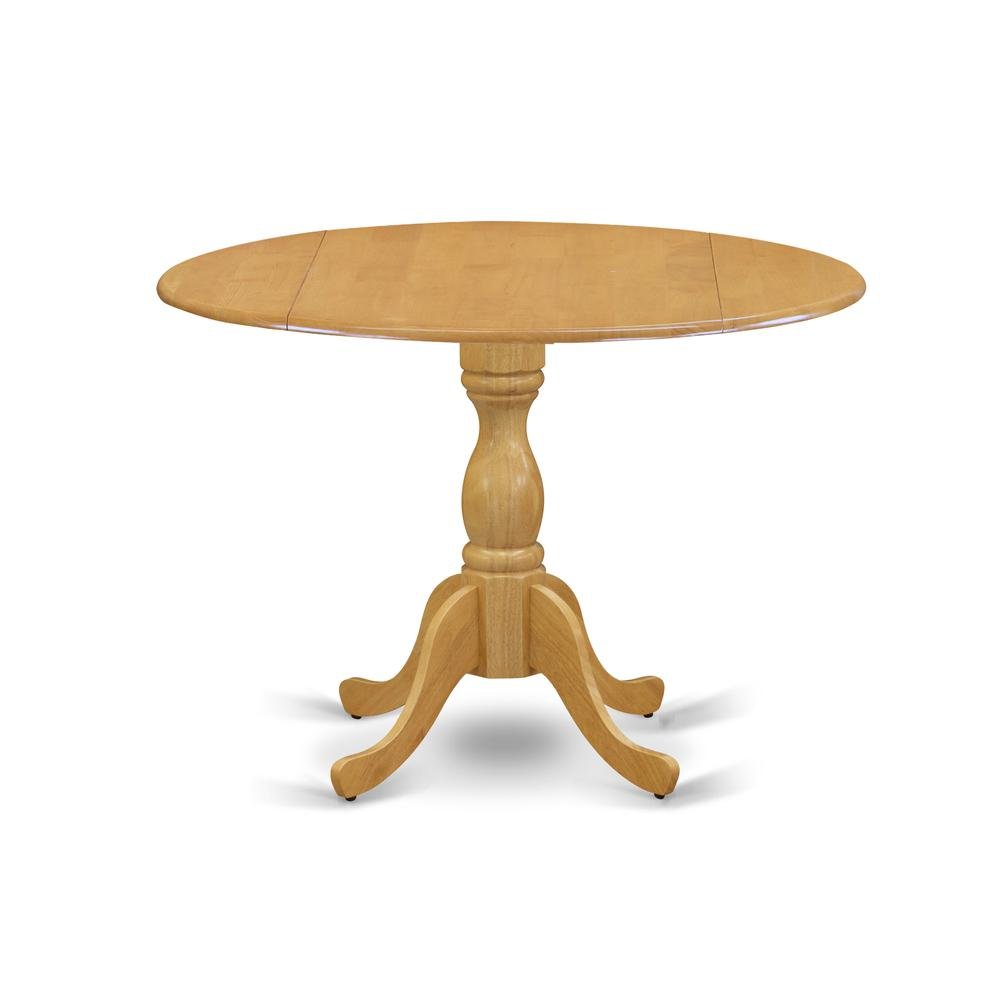 Round Dining Table, Drop Leaves, Oak Finish, Pedestal Base, 42-Inch