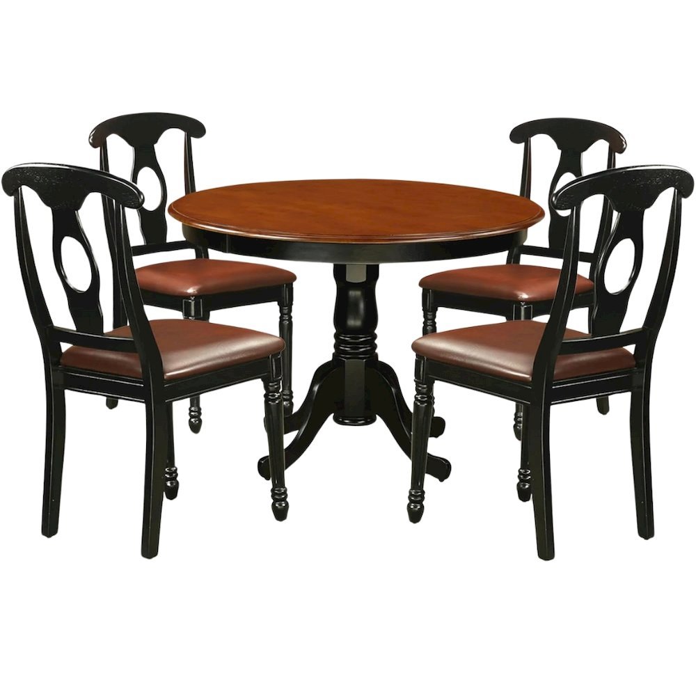 5 Piece Dining Furniture Set, Round Table, 4 Leather Chairs, Cherry and Black