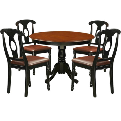 5 Piece Dining Furniture Set, Round Table, 4 Leather Chairs, Cherry and Black