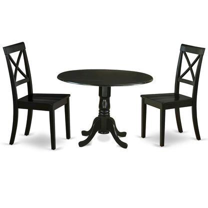 3-Piece Dining Set, Round Table, Drop Leaf, 2 Wood Chairs, Black Finish