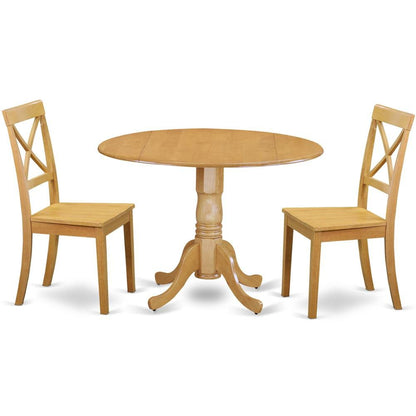Oak Dining Set, Round Drop Leaf Table, X-Back Chairs, 2-Person, Rubber Wood
