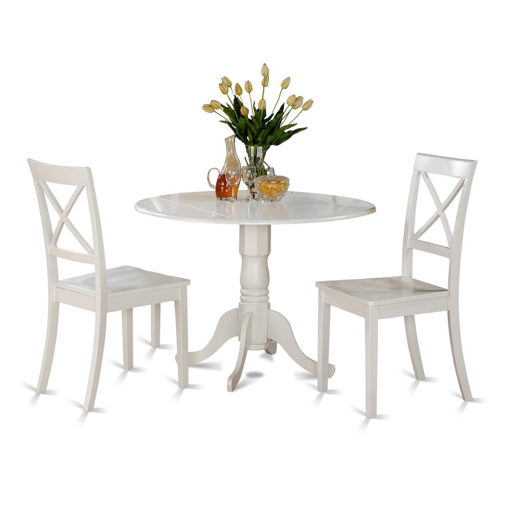 3-Piece Dining Set, Round Table, Drop Leaf, 2 Wood Chairs, Linen White Finish