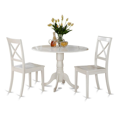 3-Piece Dining Set, Round Table, Drop Leaf, 2 Wood Chairs, Linen White Finish