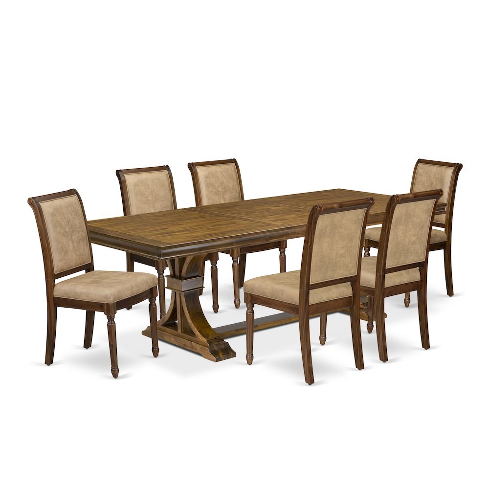 Solid Wood Dining Table 7-Piece with High-Back Upholstered Chairs, Beige