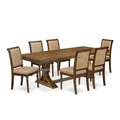 Solid Wood Dining Table 7-Piece with High-Back Upholstered Chairs, Beige