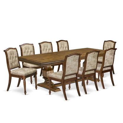 Solid Wood Rectangular Dining Table & Button-Tufted Chairs 9-Piece, Light Beige
