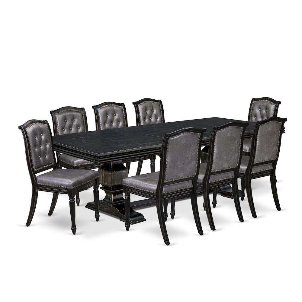 Solid Wood Rectangular Dining Table & Button-Tufted Chairs 9-Piece, Dark Grey