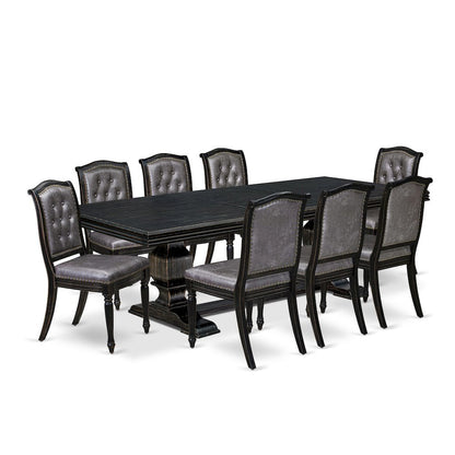 Solid Wood Rectangular Dining Table & Button-Tufted Chairs 9-Piece, Dark Grey