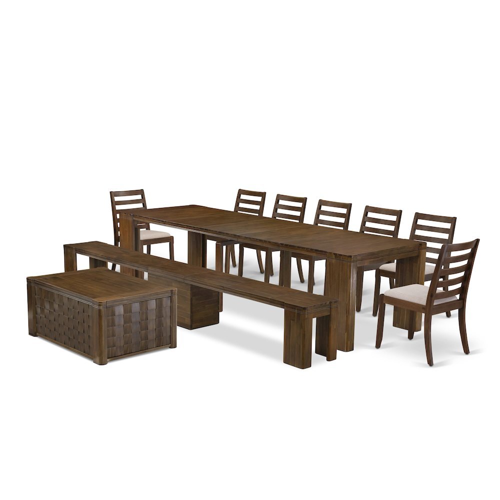 Solid Wood Extendable Dining 10-Piece, Chairs, Bench & Coffee, Antique Walnut