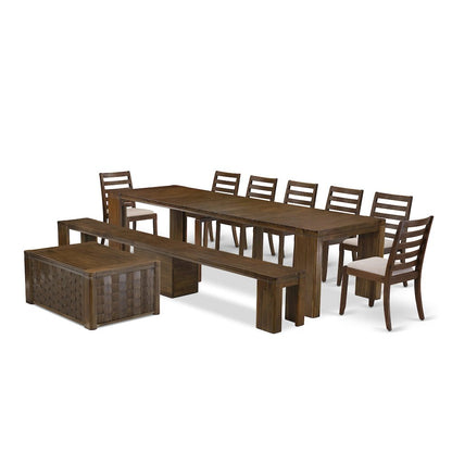 Solid Wood Extendable Dining 10-Piece, Chairs, Bench & Coffee, Antique Walnut