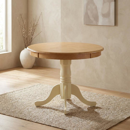 Oak Round Pedestal Dining Table, Buttermilk Accent, Seats 4