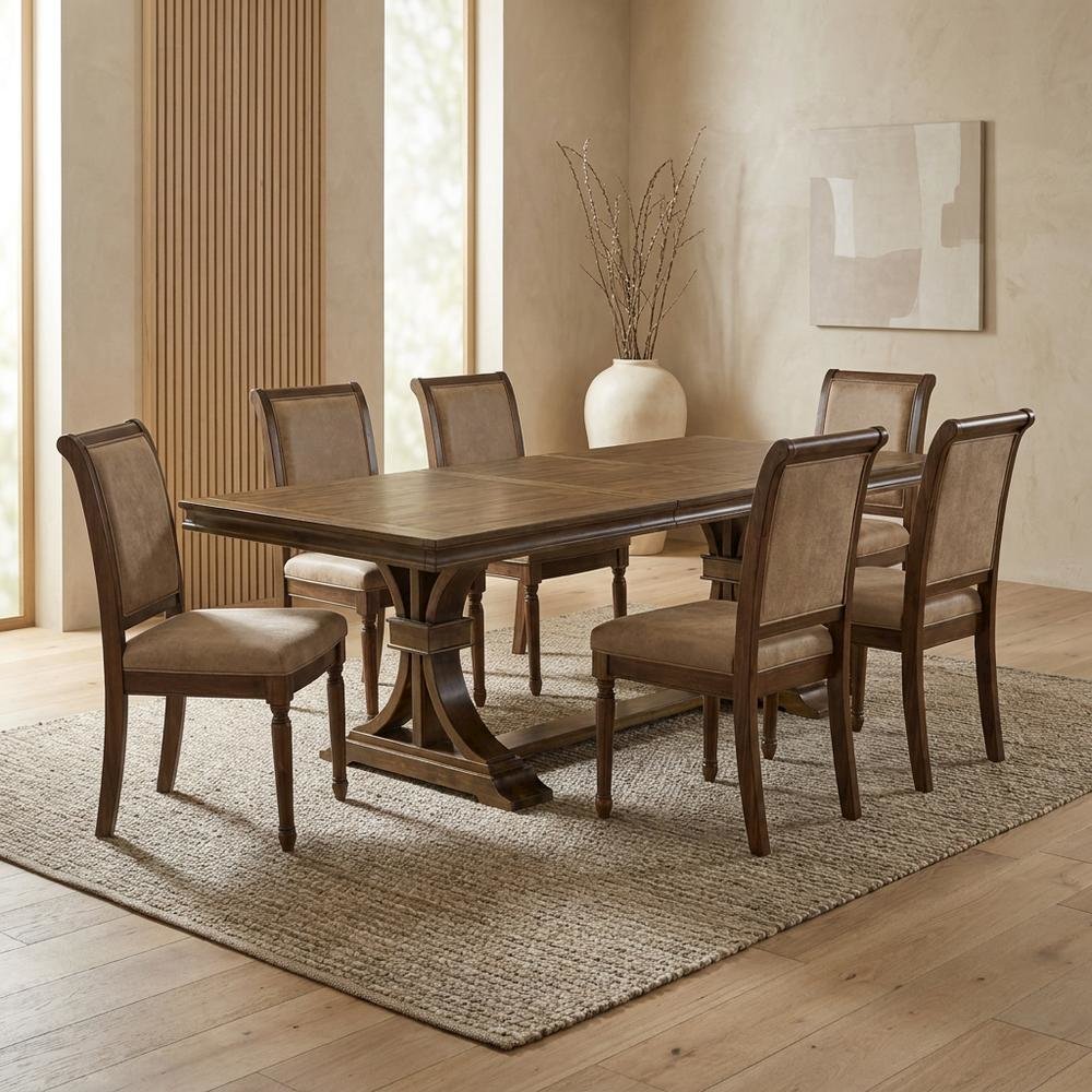 Solid Wood Dining Table 7-Piece with High-Back Upholstered Chairs, Beige