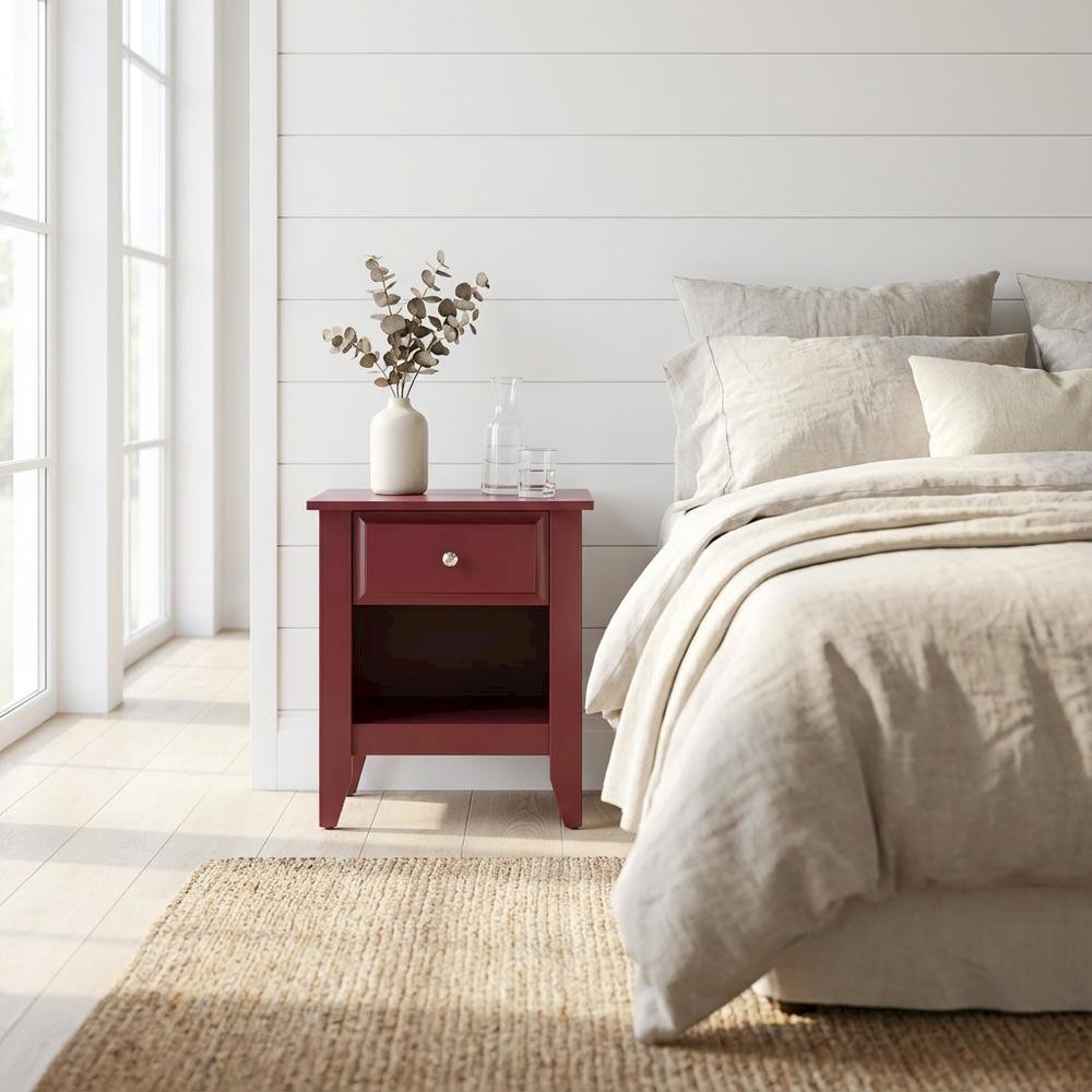Burgundy Wooden Night Stand with Single Drawer and Stable Design
