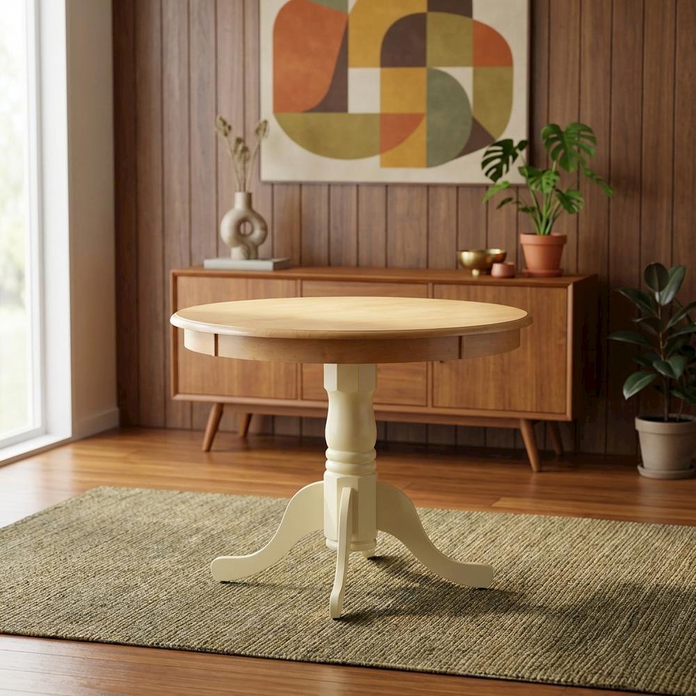 Oak Round Pedestal Dining Table, Buttermilk Accent, Seats 4
