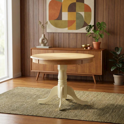 Oak Round Pedestal Dining Table, Buttermilk Accent, Seats 4