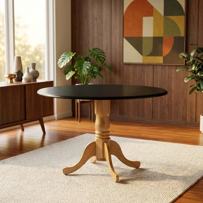 Black Drop Leaf Round Dining Table, Pedestal Base, Seats 4