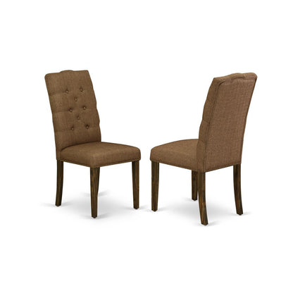 East West Furniture 5-Piece Dining room Table Set Included 4 Dining chairs Upholstered Seat and High Button Tufted Chair Back and Rectangular Dining Table with Distressed Jacobean Mid Century Dining T