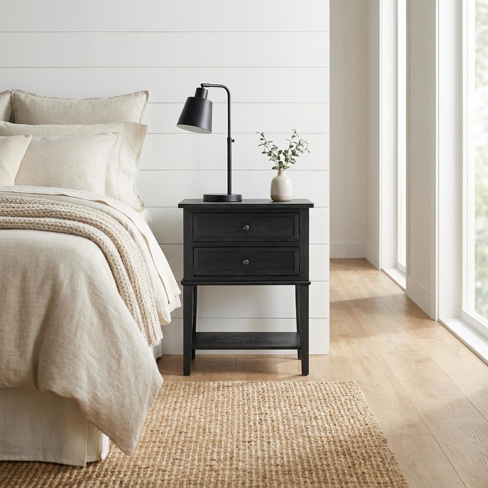 Black Wood Nightstand with 2 Drawers for Bedroom, Sturdy and Stylish