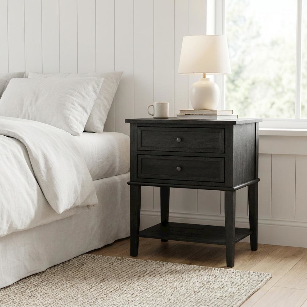 Black Wood Nightstand with 2 Drawers for Bedroom, Sturdy and Stylish