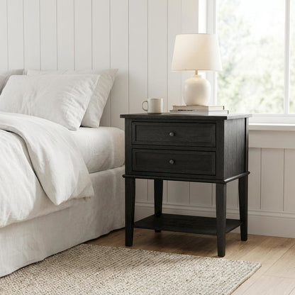 Black Wood Nightstand with 2 Drawers for Bedroom, Sturdy and Stylish