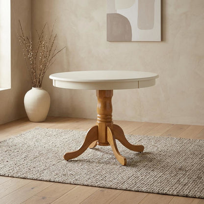Linen White Oak Round Pedestal Dining Table, Seats 4