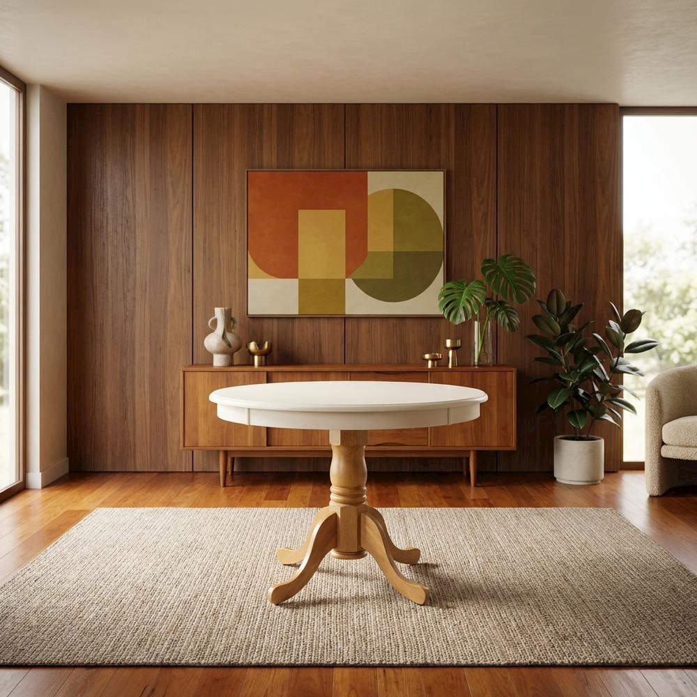 Linen White Oak Round Pedestal Dining Table, Seats 4