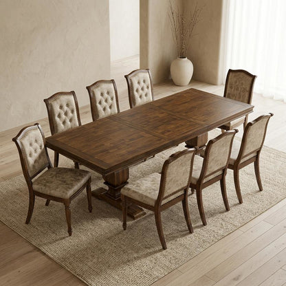 Solid Wood Rectangular Dining Table & Button-Tufted Chairs 9-Piece, Light Beige