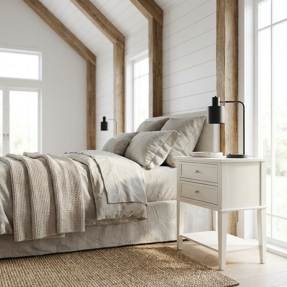 Small Nightstand, 2 Wooden Drawers in Brushed Butter Cream Finish for Bedroom