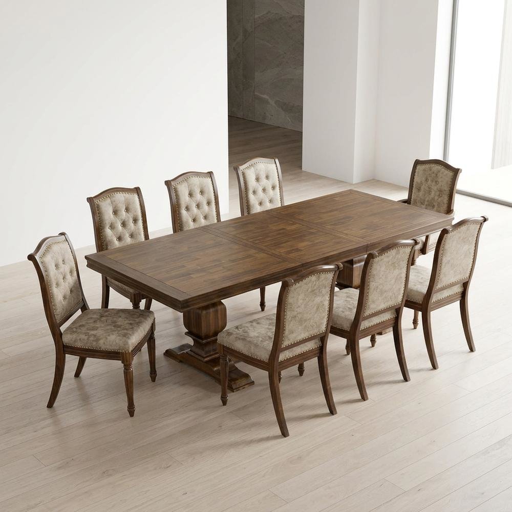 Solid Wood Rectangular Dining Table & Button-Tufted Chairs 9-Piece, Light Beige