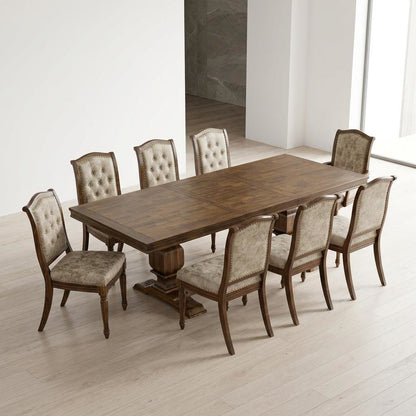 Solid Wood Rectangular Dining Table & Button-Tufted Chairs 9-Piece, Light Beige