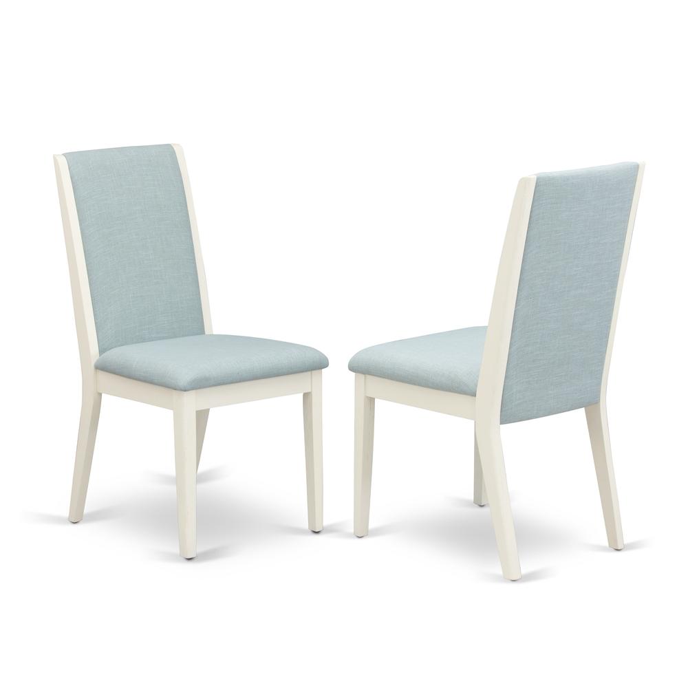 East West Furniture X076LA015-6 6Pc Dining Table Set Offers a Kitchen Table, 4 Parson Dining Chairs with Baby Blue Color Linen Fabric and a Bench, Medium Size Table with Full Back Chairs, Wirebrushed
