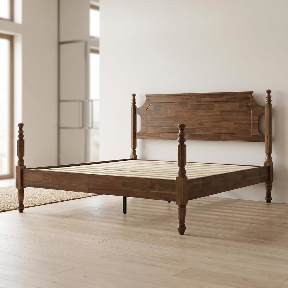 Solid Wood Platform Bed with Headboard, Traditional King Size