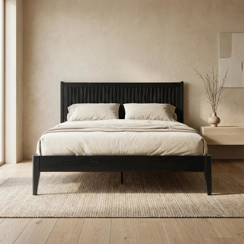 Solid Wood Platform Bed, Headboard & Footboard, No Box Spring, Ebony Oak, King