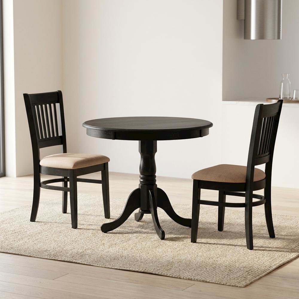 Solid Wood Round Dining Table & Chairs 3-Piece Set, Small Dinette, Black