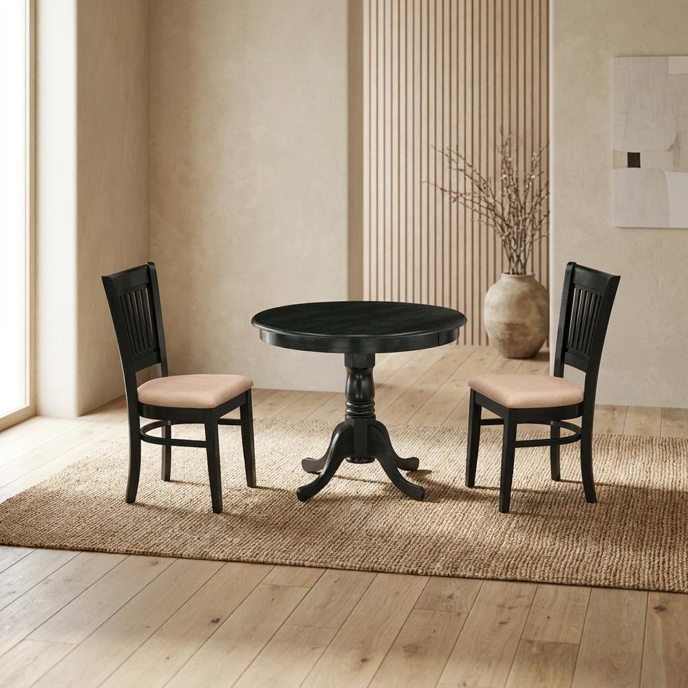 Solid Wood Round Dining Table & Chairs 3-Piece Set, Small Dinette, Black