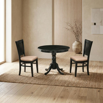 Solid Wood Round Dining Table & Chairs 3-Piece Set, Small Dinette, Black