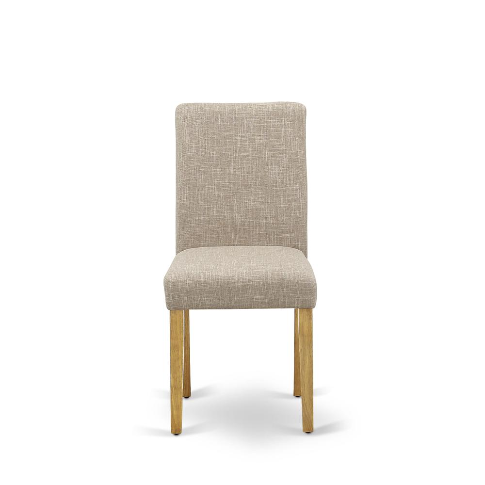 1NDAB3-OAK-04 Dining Table Set 3 Pc - Two Dining Room Chairs and a Modern Dining Table - Oak Finish Wood - Light Fawn Color Linen Fabric
