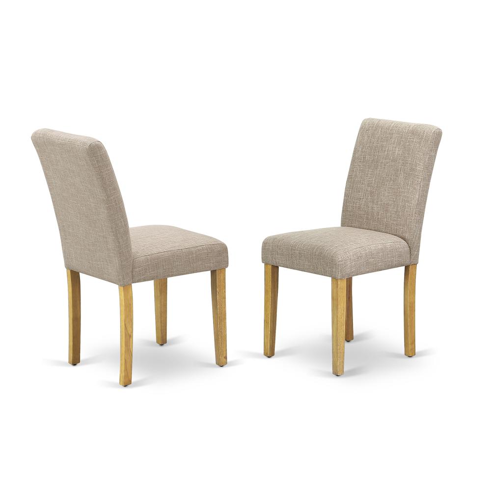 1NDAB3-OAK-04 Dining Table Set 3 Pc - Two Dining Room Chairs and a Modern Dining Table - Oak Finish Wood - Light Fawn Color Linen Fabric
