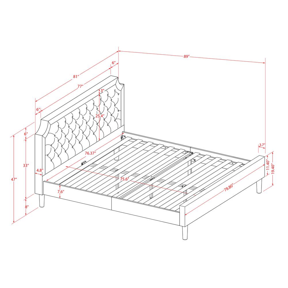 GBF-28-K King Bed Contains Brown Textured Upholstered Headboard, Footboard and Wood Rails, Slats - Wooden 9 Legs - Black Finish
