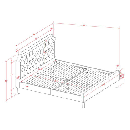 GBF-28-K King Bed Contains Brown Textured Upholstered Headboard, Footboard and Wood Rails, Slats - Wooden 9 Legs - Black Finish