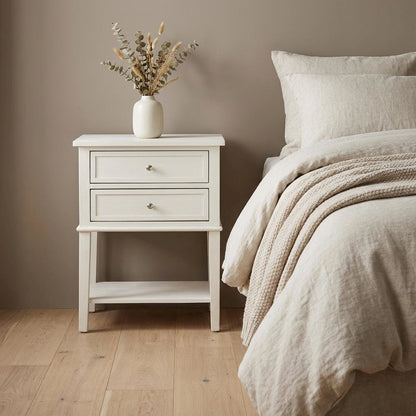 Small Nightstand, 2 Wooden Drawers in Brushed Butter Cream Finish for Bedroom