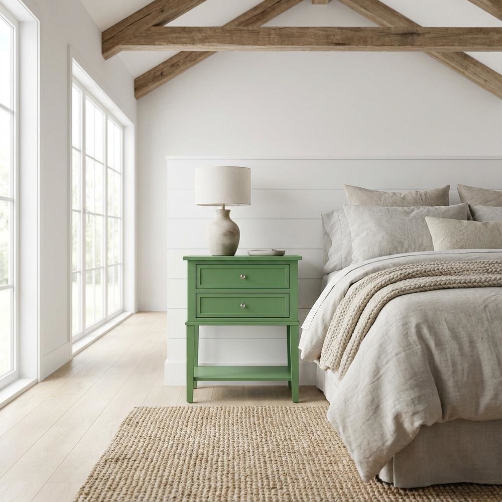 Clover Green Wooden Nightstand with 2 Drawers and Stable Design