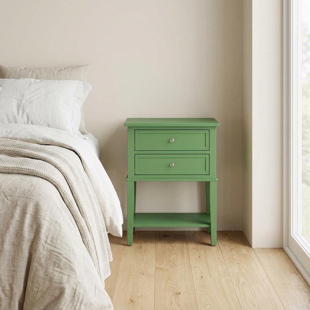 Clover Green Wooden Nightstand with 2 Drawers and Stable Design