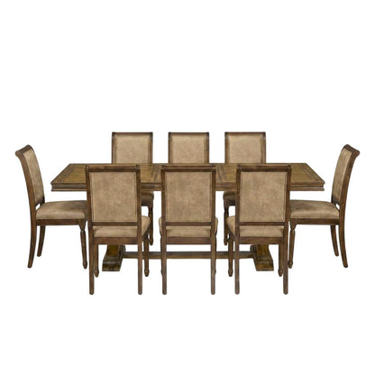 Solid Wood Dining Table 7-Piece with High-Back Upholstered Chairs, Beige