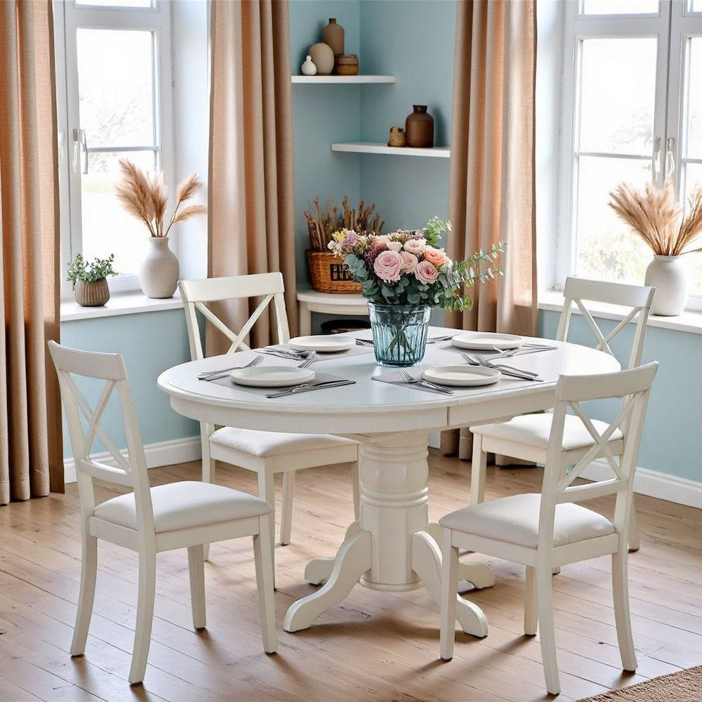 White 5 Pc Kitchen Table Chairs Set of 4, Solid Wood Breakfast Nook