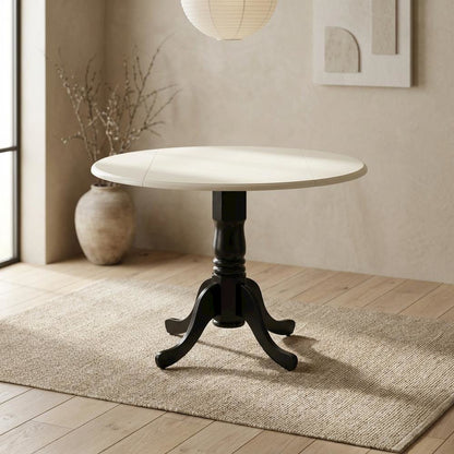 Linen White Drop Leaf Round Table, Pedestal Base, Seats 4