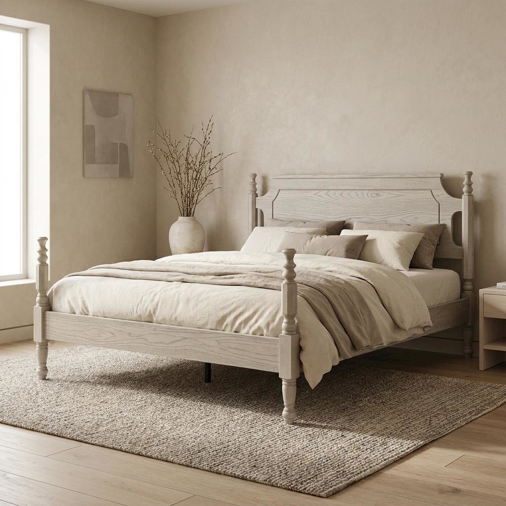 Solid Wood Platform Bed with Headboard, Traditional King Size