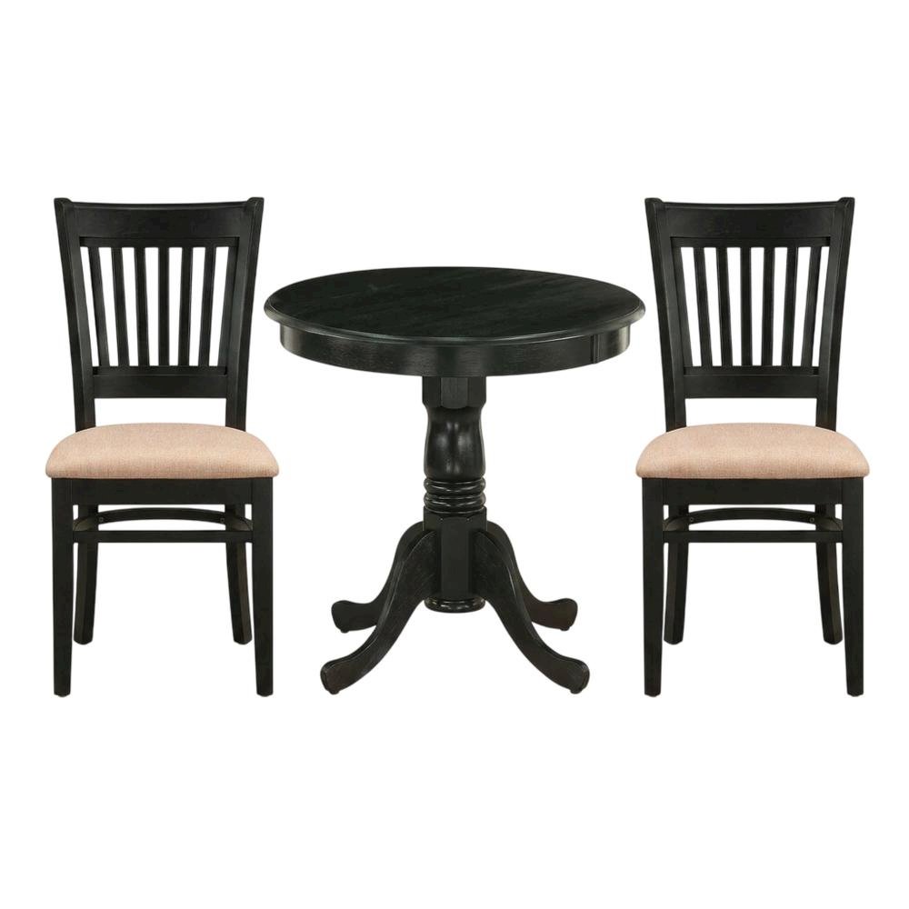 Solid Wood Round Dining Table & Chairs 3-Piece Set, Small Dinette, Black