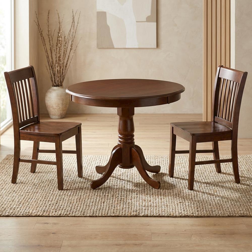 Solid Wood Round Kitchen Table & Chairs 3-Piece Dining Set, Mahogany
