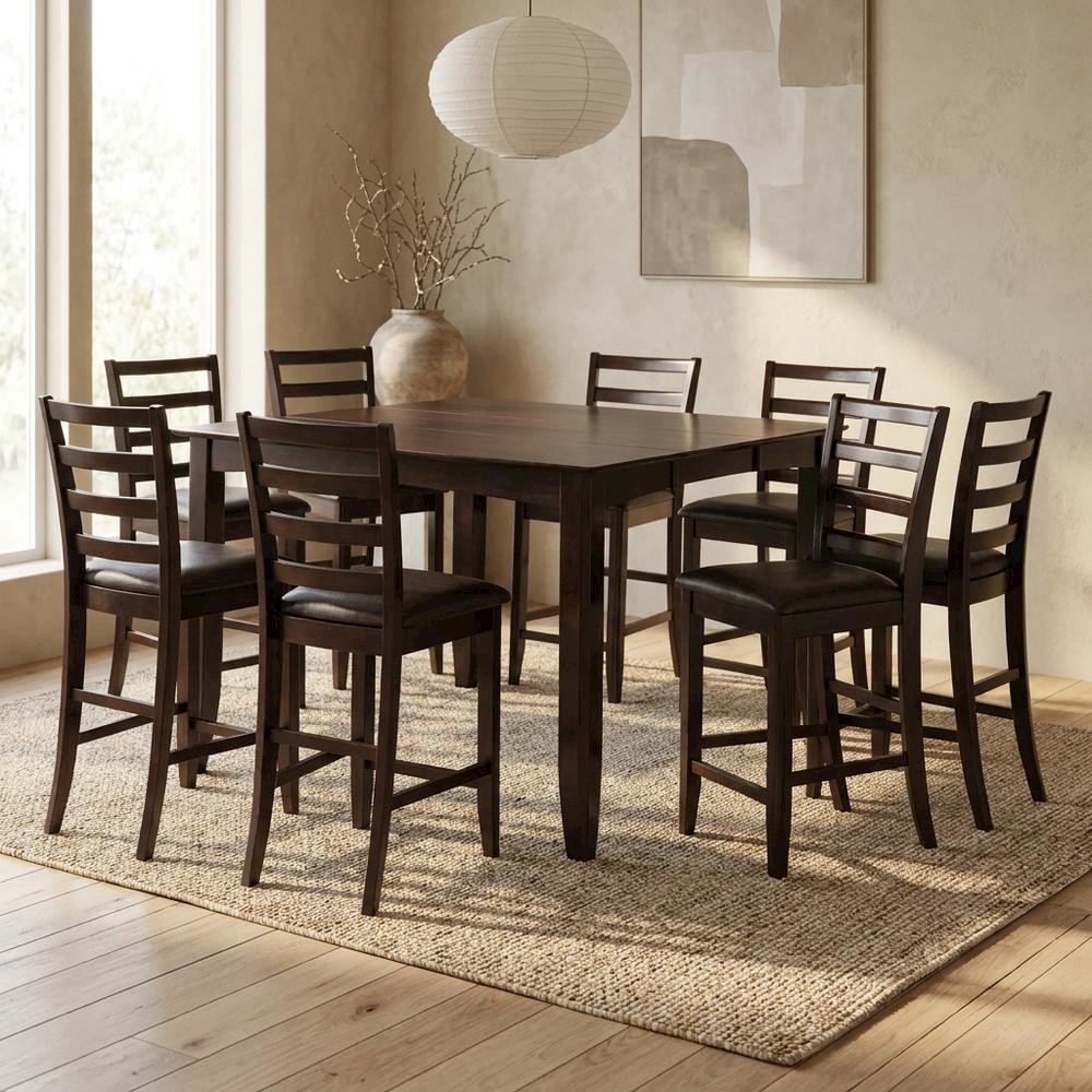 Square Counter Height Dining Table for 8 with Chairs in Brown Wood